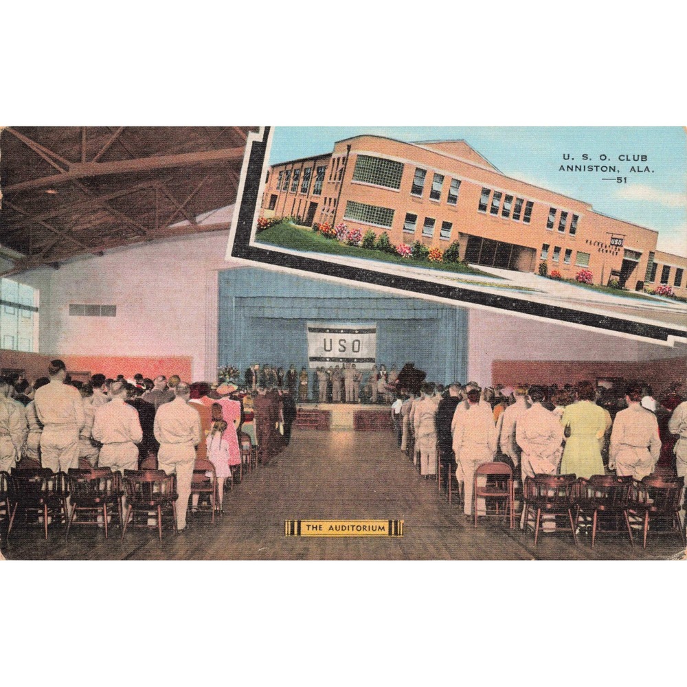 Vintage 1951 Postcard USO Club Auditorium Anniston Alabama Military - Picture 1 of 2